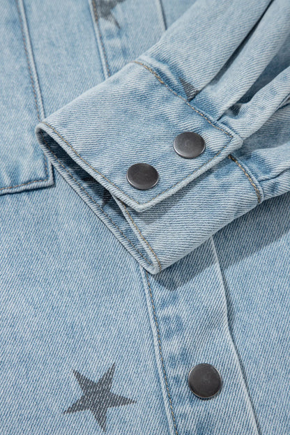 Sky Blue Stars Pattern Long Sleeve Shirt Collar Denim Jacket