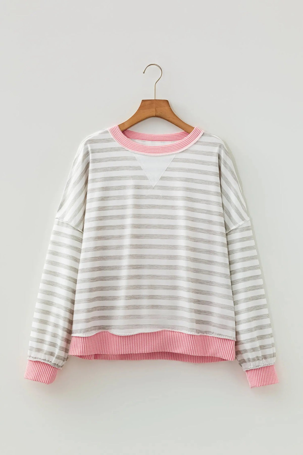 Pink Twisted Rib Trim Striped Round Neck Long Sleeve Top