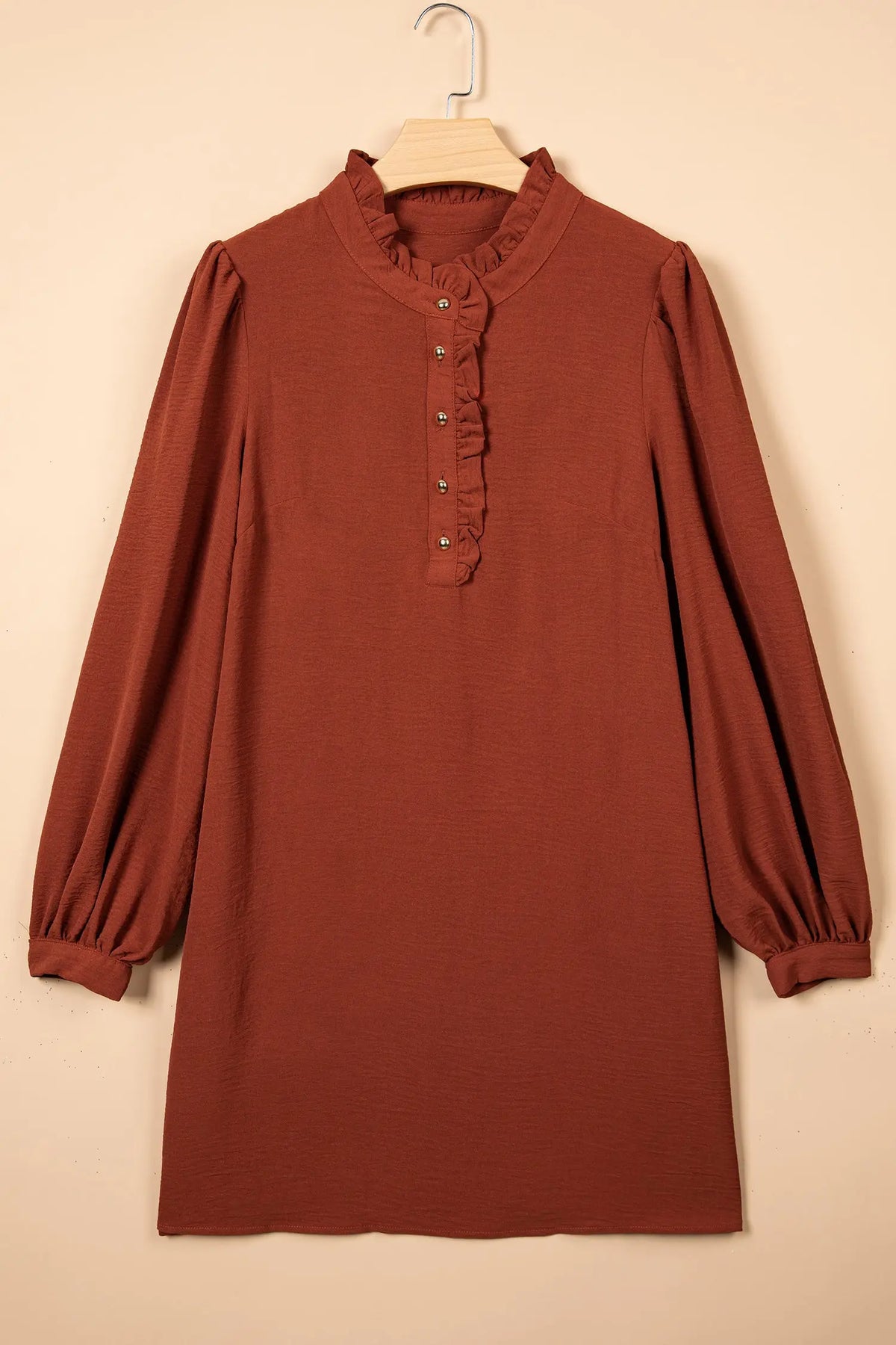Coffee solid shift long sleeve short length one piece dress flat lay view · nz-alt-v1
