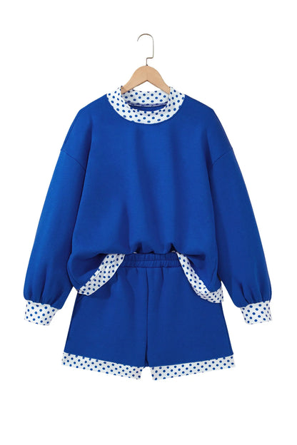 Dark Blue Polka Dot Trim Baggy Pullover 2pcs Short Set