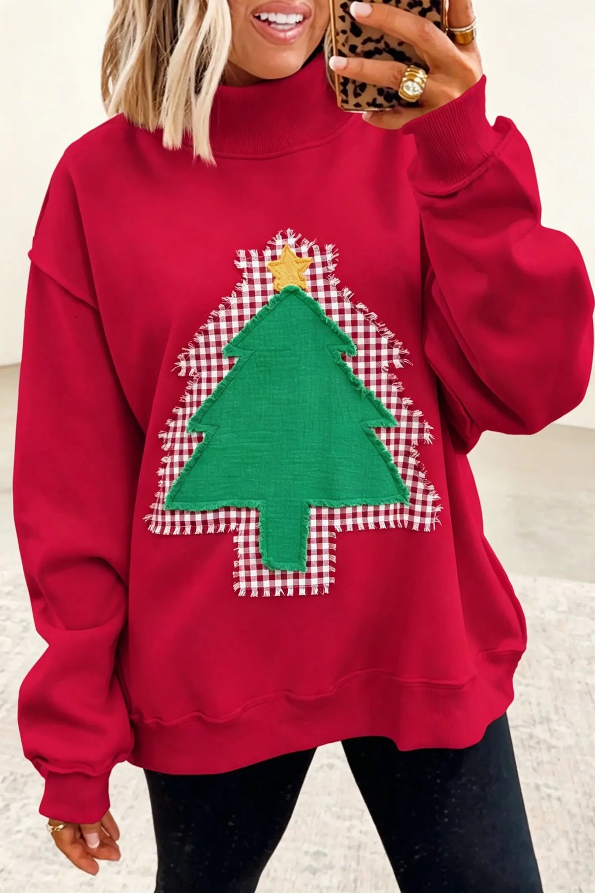 Fiery Red Frayed Applique Christmas Tree Mock Neck Pullover Sweatshirt detail view · nz-alt-v1