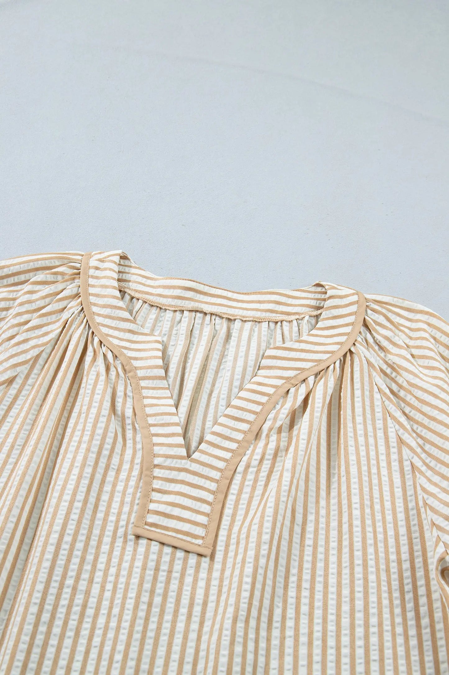 Khaki Stripe V Neck Floral Embroidered Long Sleeve Blouse