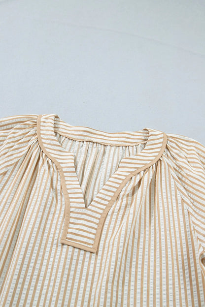 Khaki Stripe V Neck Floral Embroidered Long Sleeve Blouse