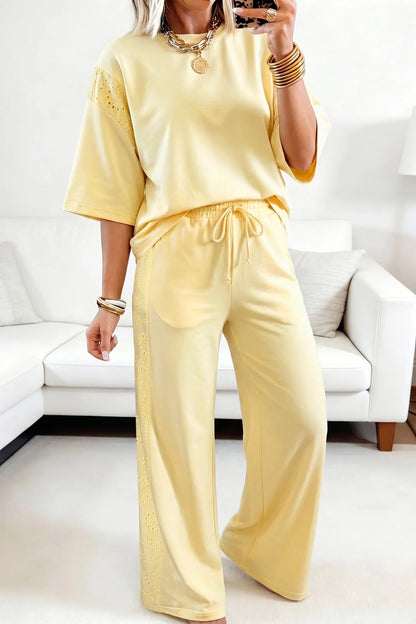 Yellow Cream Lace Patchwork Half Sleeve Top Elastic Waist Pants Two Piece Set Nataliz