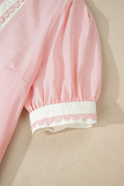 Canton Scallop Color Block Trim Puff Sleeve Mini Dress - Casual Dresses