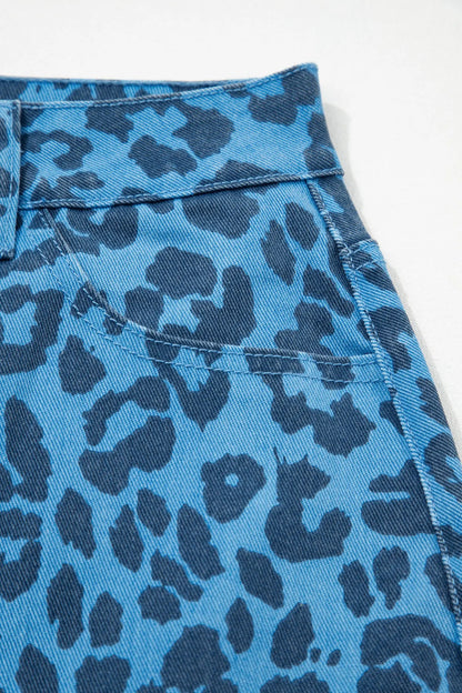 Brown Leopard Print Side Split Frayed Hem Denim Midi Skirt