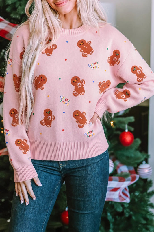 Pink Festive Gingerbread Pattern Long Sleeve Round Neck Sweater model front view · nz-alt-v1