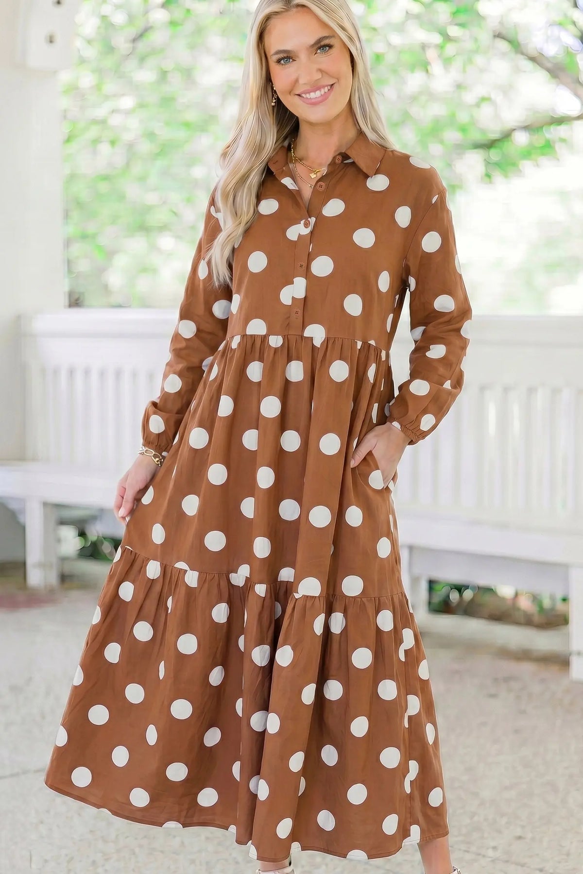 Brown Polka Dot Button Front Long Sleeve Shift Dress model front view · nz-alt-v1