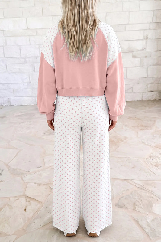 Pink Polka Dot Patchwork Colorblock Long Sleeve Casual Two Piece Pants Set model back view · nz-alt-v1