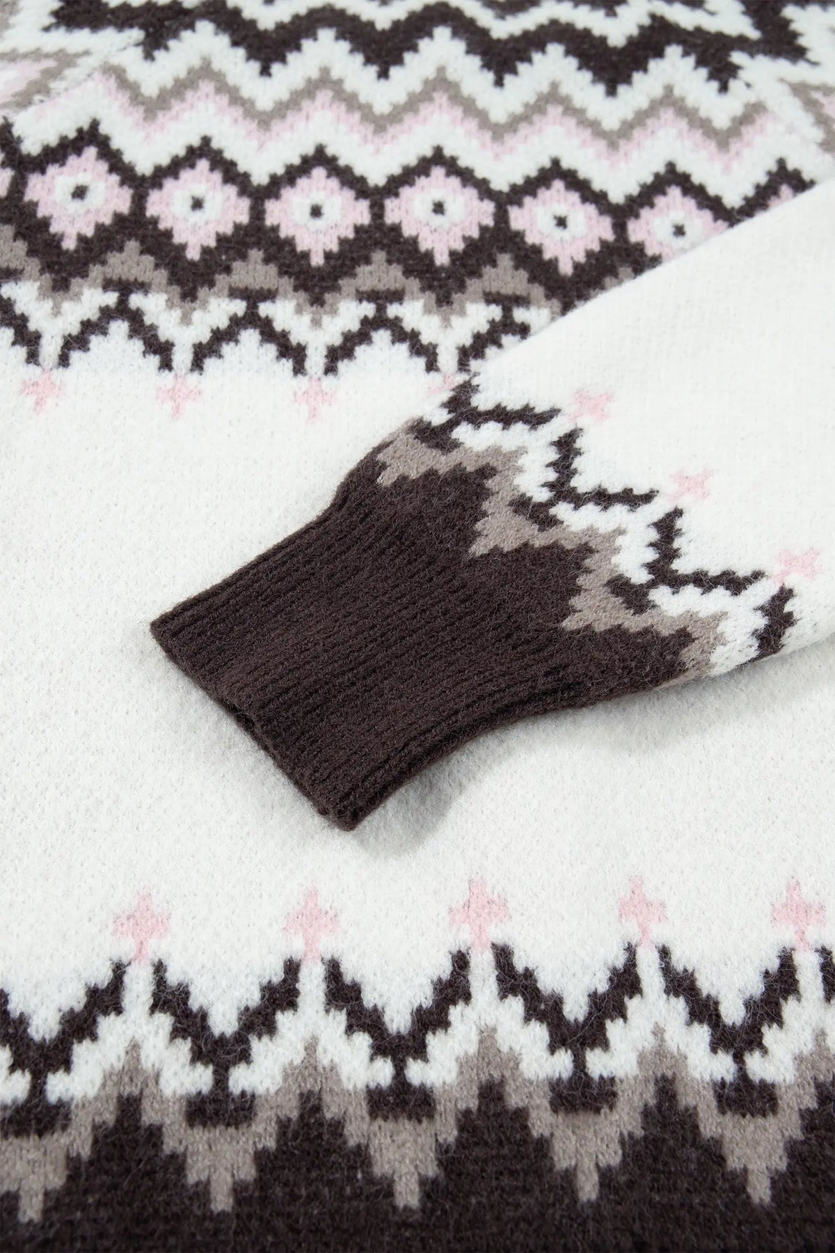 White Geometric Pattern Brushed Knit Button Cardigan