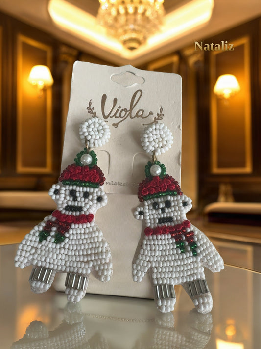 Beaded Snowman Christmas Drop Earrings flat lay view