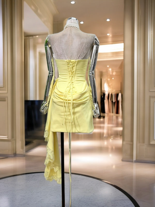 Strapless Draped Mini Dress with Lace-Trim Sash mannequin view · nz-bg-v1