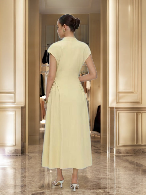 Bow Neck Cap Sleeve Midi Dress in Butter Yellow model back view · nz-bg-v1