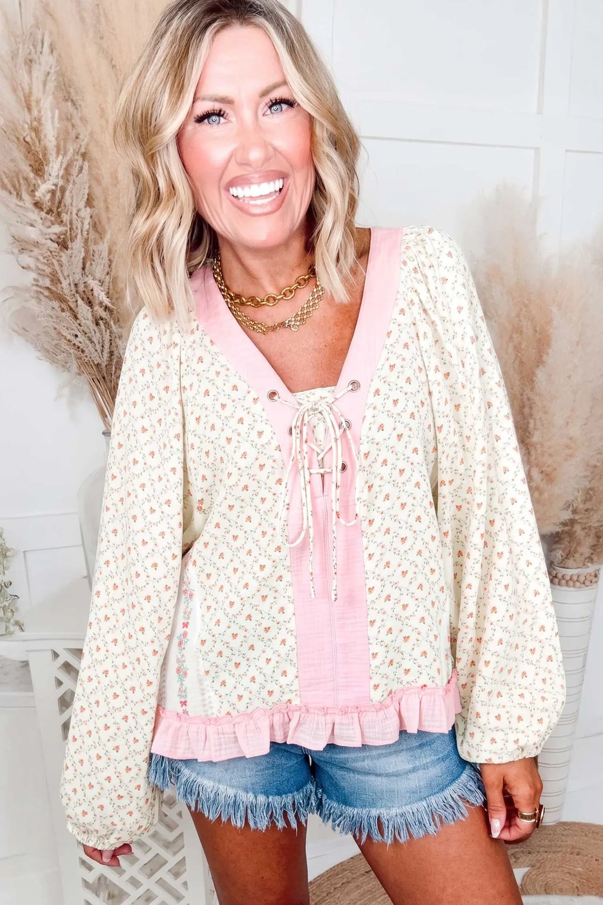 Beige Floral Print Lace-up V Neck Long Sleeve Blouse model front view · nz-alt-v1