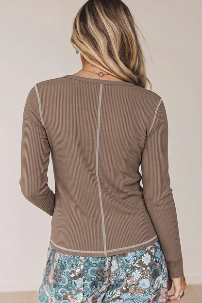 Peacock Blue V Neck Ribbed Stitched Detail Long Sleeve Top