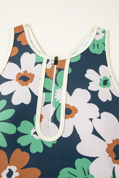 Blue Flower Zip up Racerback High Waisted Bikini