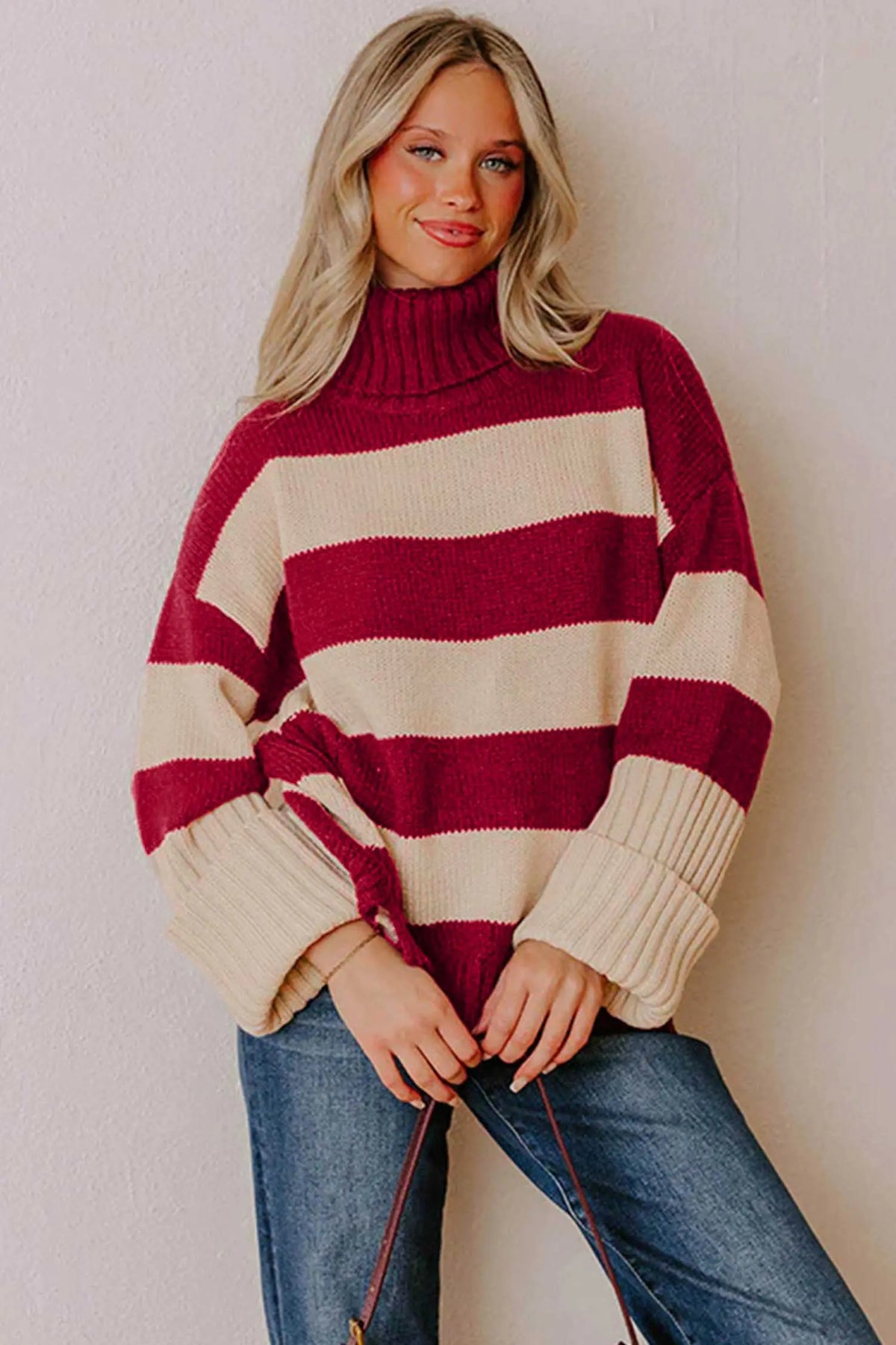 Red Stripe Ribbed Trim High Neck Relaxed Pullover Sweater