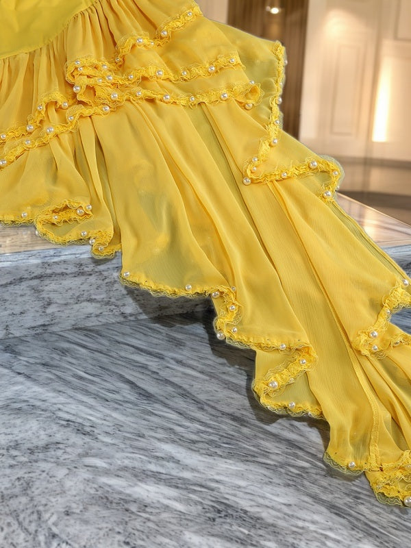 Strapless High-Low Tiered Gown in Sunshine Yellow detail view · nz-bg-v1