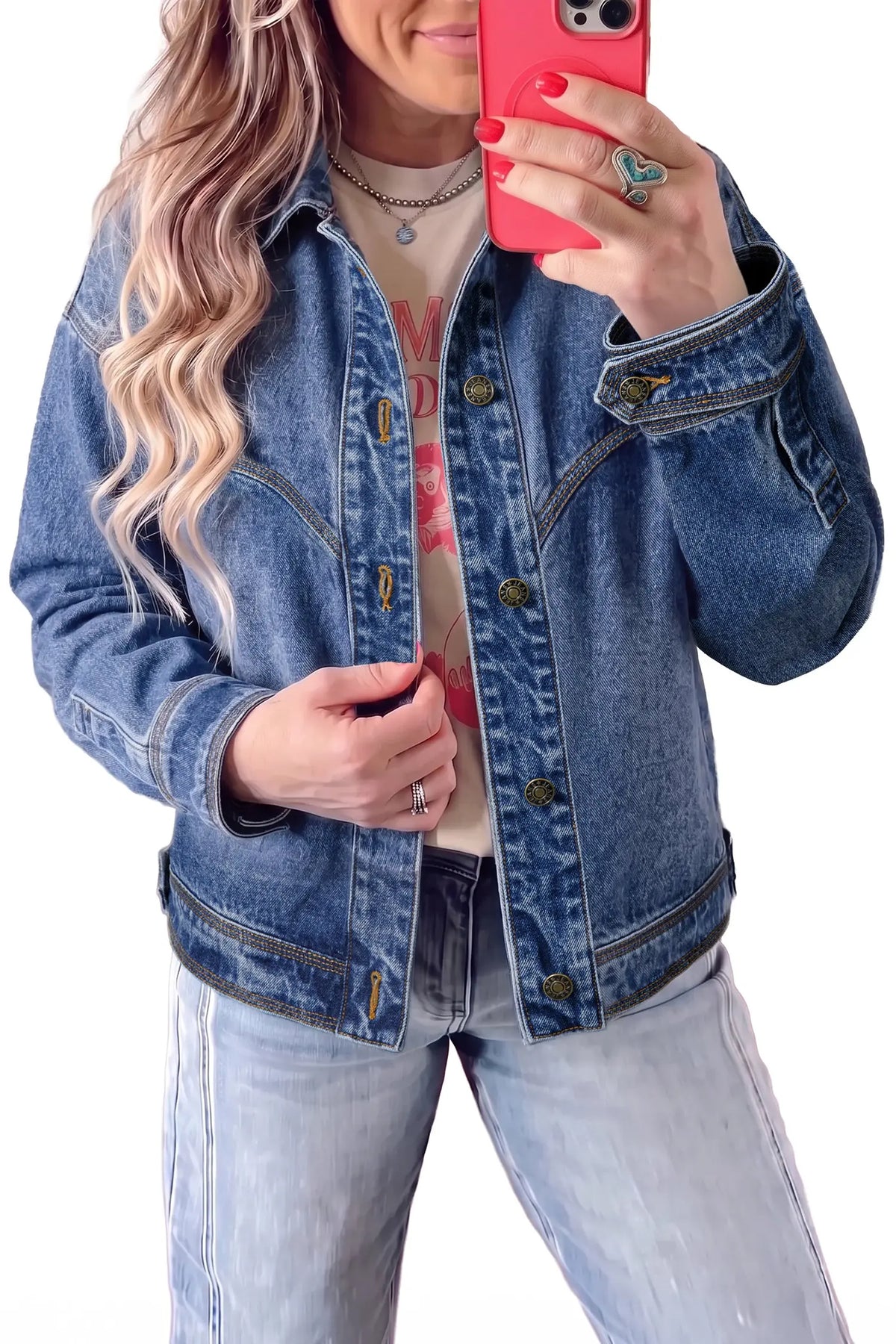 Sail Blue Vintage Wash Western Shift Denim Jacket model front view · nz-alt-v1