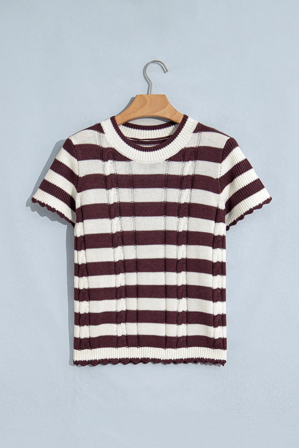 Brown Stripe Ribbed Knit Short Sleeve Sweater hanging view · nz-alt-v1