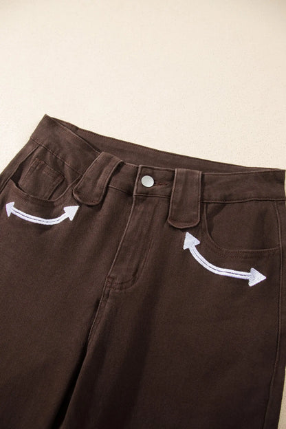 Coffee Western Colorblock Pockets Button Fly Decorative Belt Loops Straight Leg Jeans