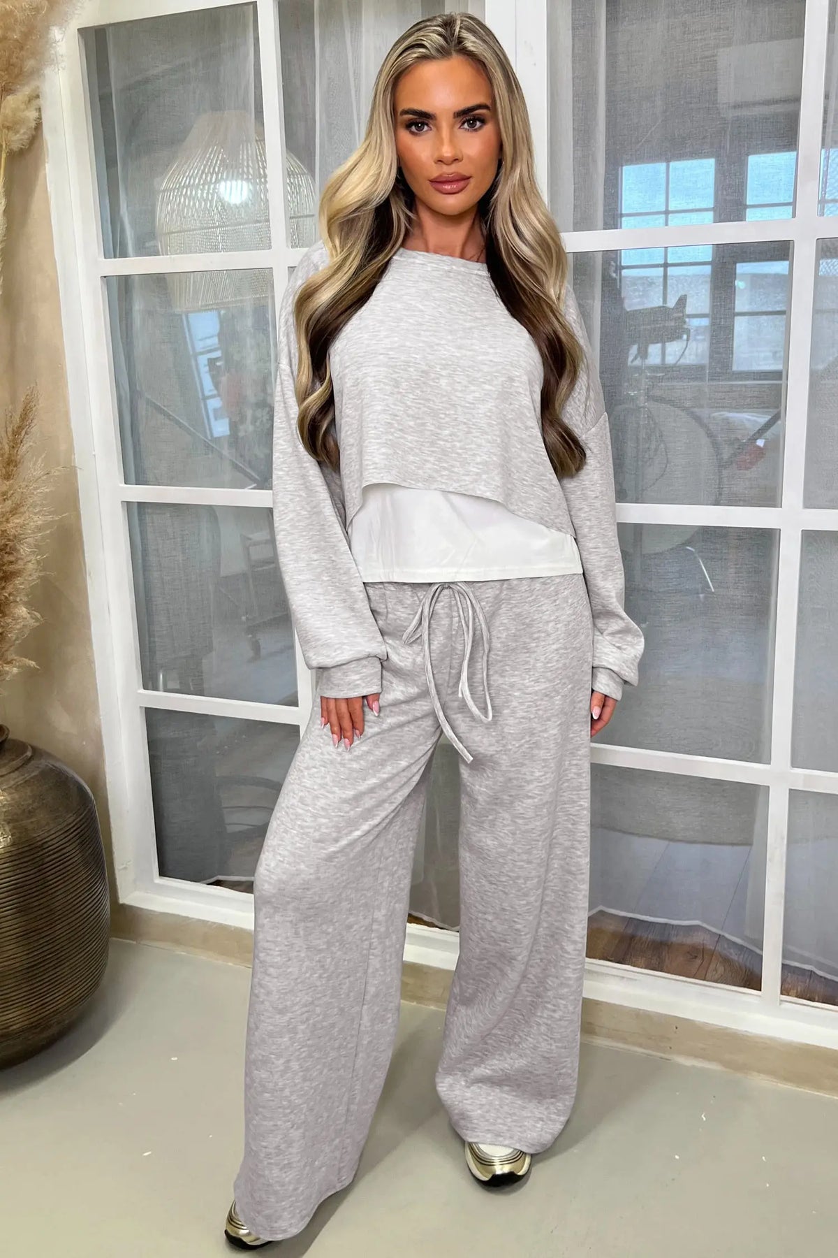 Color Contrast Overlay Long Sleeve Top Drawstring Loose Pant Set