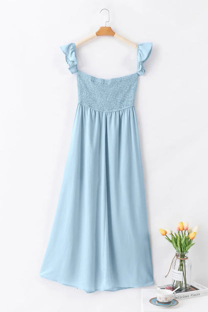 Sky Blue Off Shoulder Ruched Bust Sheer Slit Maxi Dress
