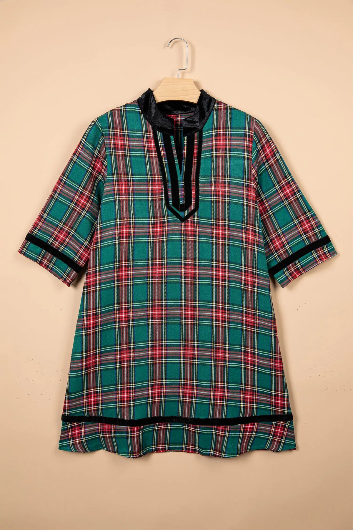 Green Plaid Velvet Trim Pockets Short Shift Dress