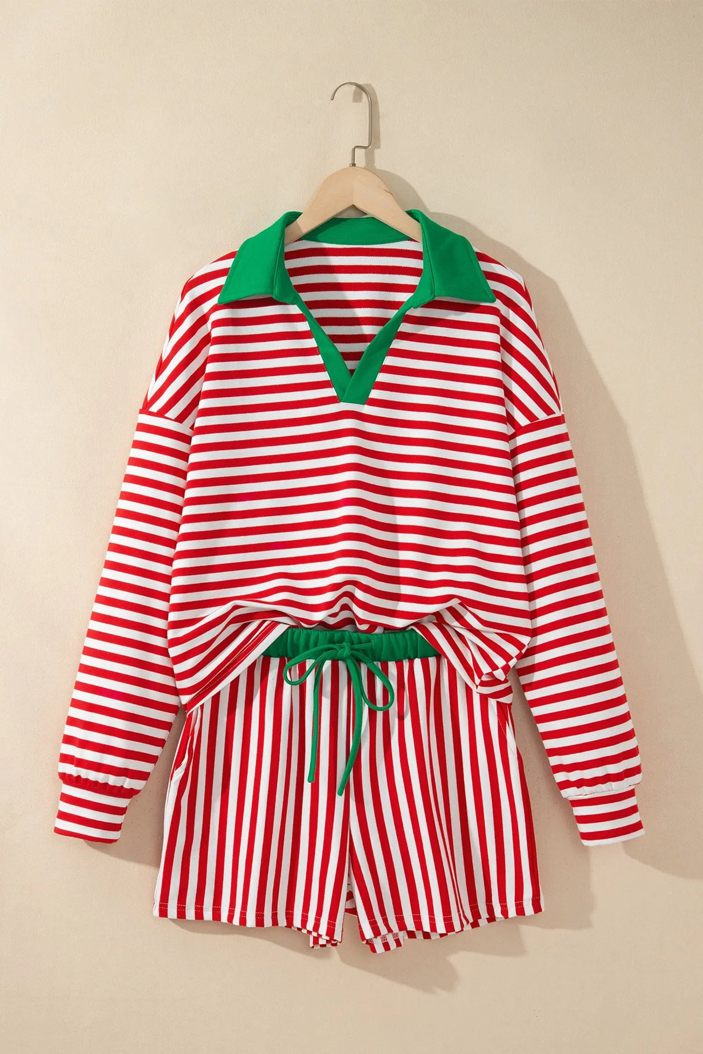 Red Stripe Colorblock Trim Polo Collar Drawstring Elastic Waist Band Casual 2pcs Outfit