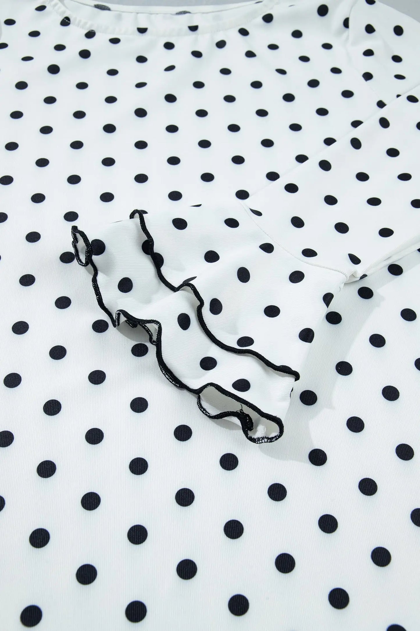 Black Polka Dot Print Lettuce Trim Long Sleeve Top