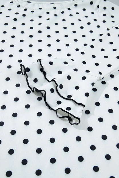 Black Polka Dot Print Lettuce Trim Long Sleeve Top
