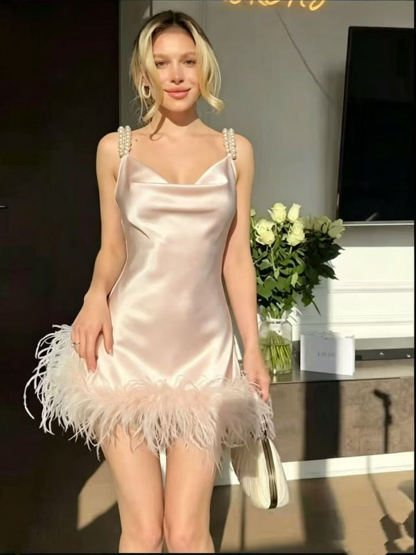 Pearl Strap Feather Trim Satin Mini Slip Dress model front view · nz-alt-v1