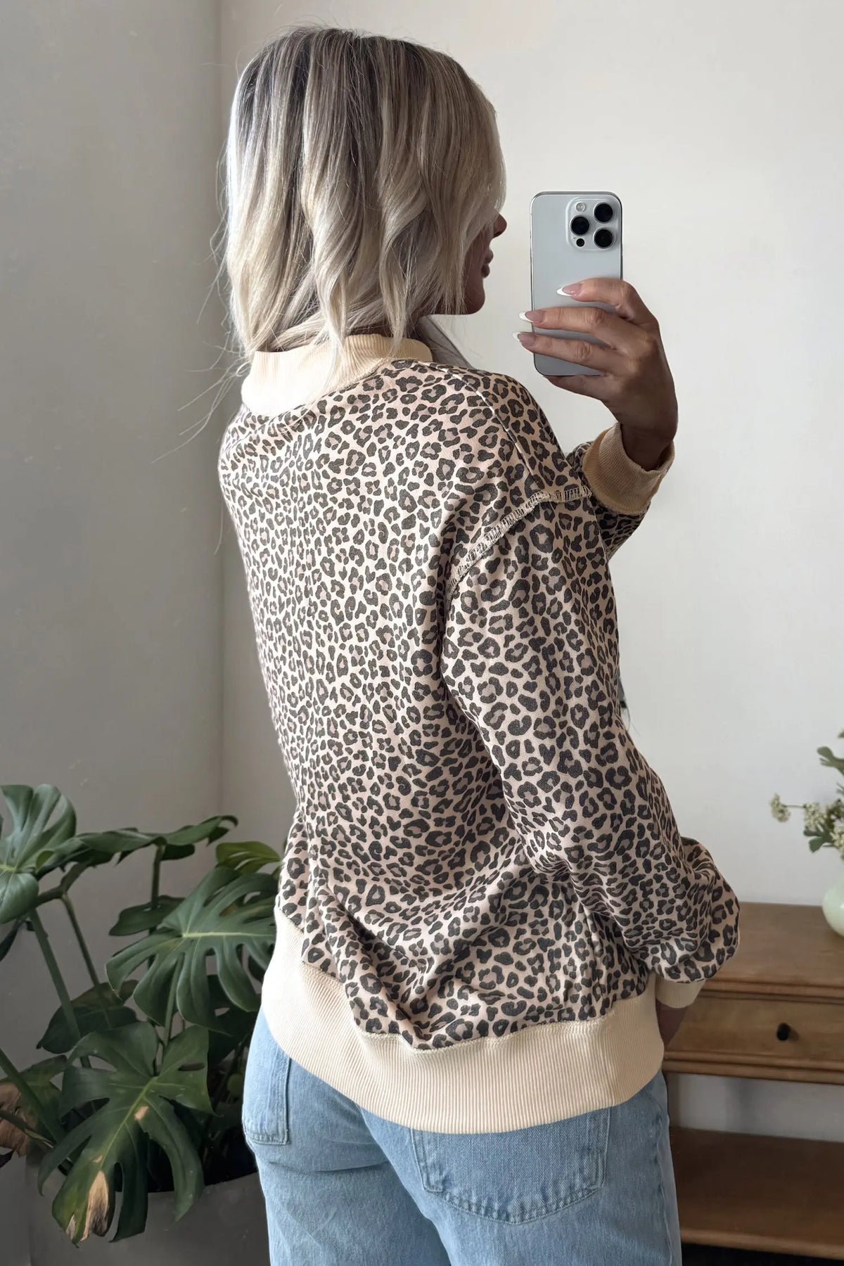 Brown Leopard Print High Neck Long Sleeve Ribbed Cuffs Hem Sweatshirt