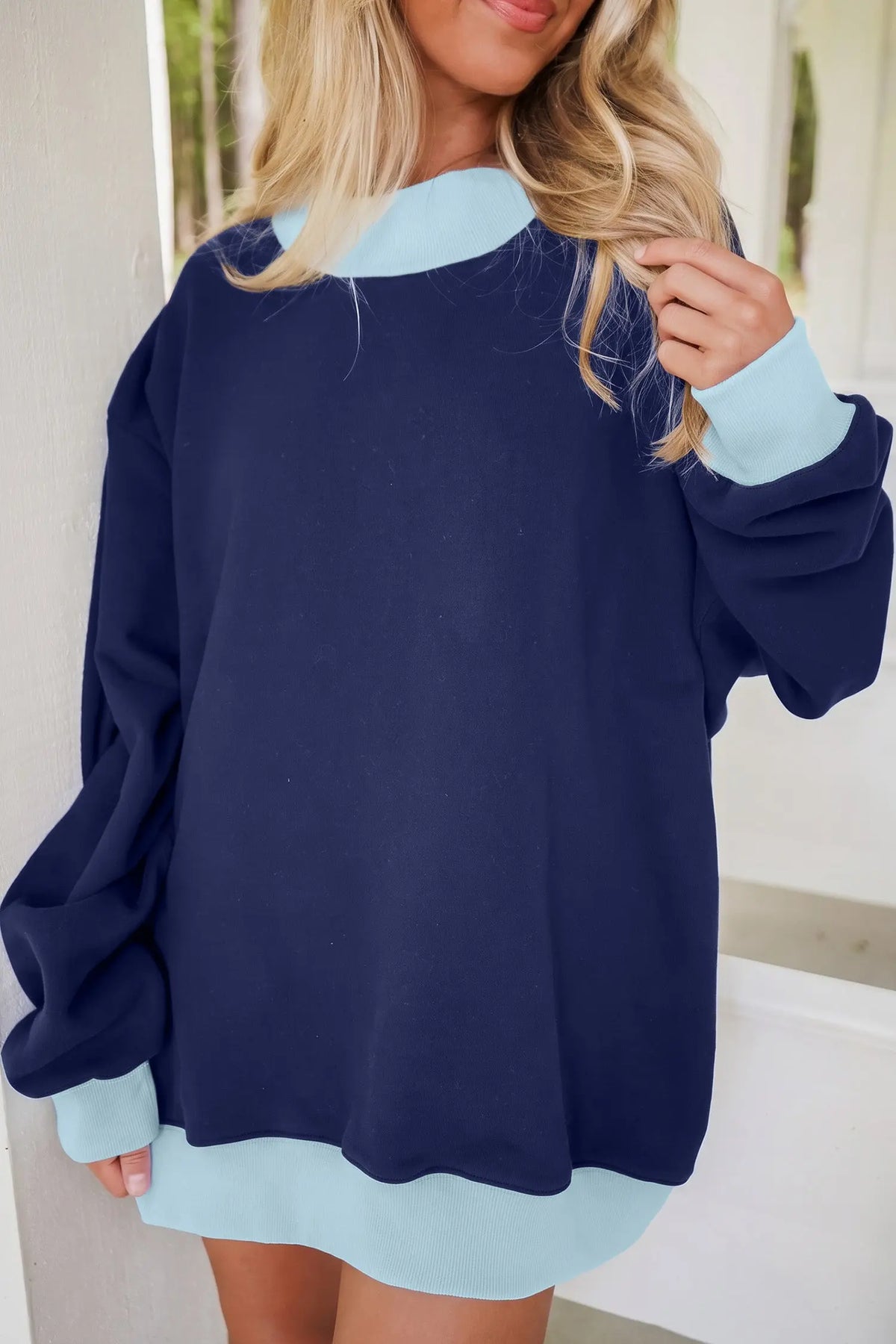 Coffee Colorblock Trim Crewneck Long Sleeve Pullover Sweatshirt