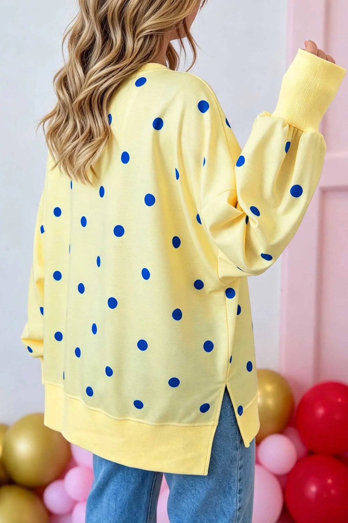 Pink Polka Dot Loose Long Sleeve Split Hem Pullover Top
