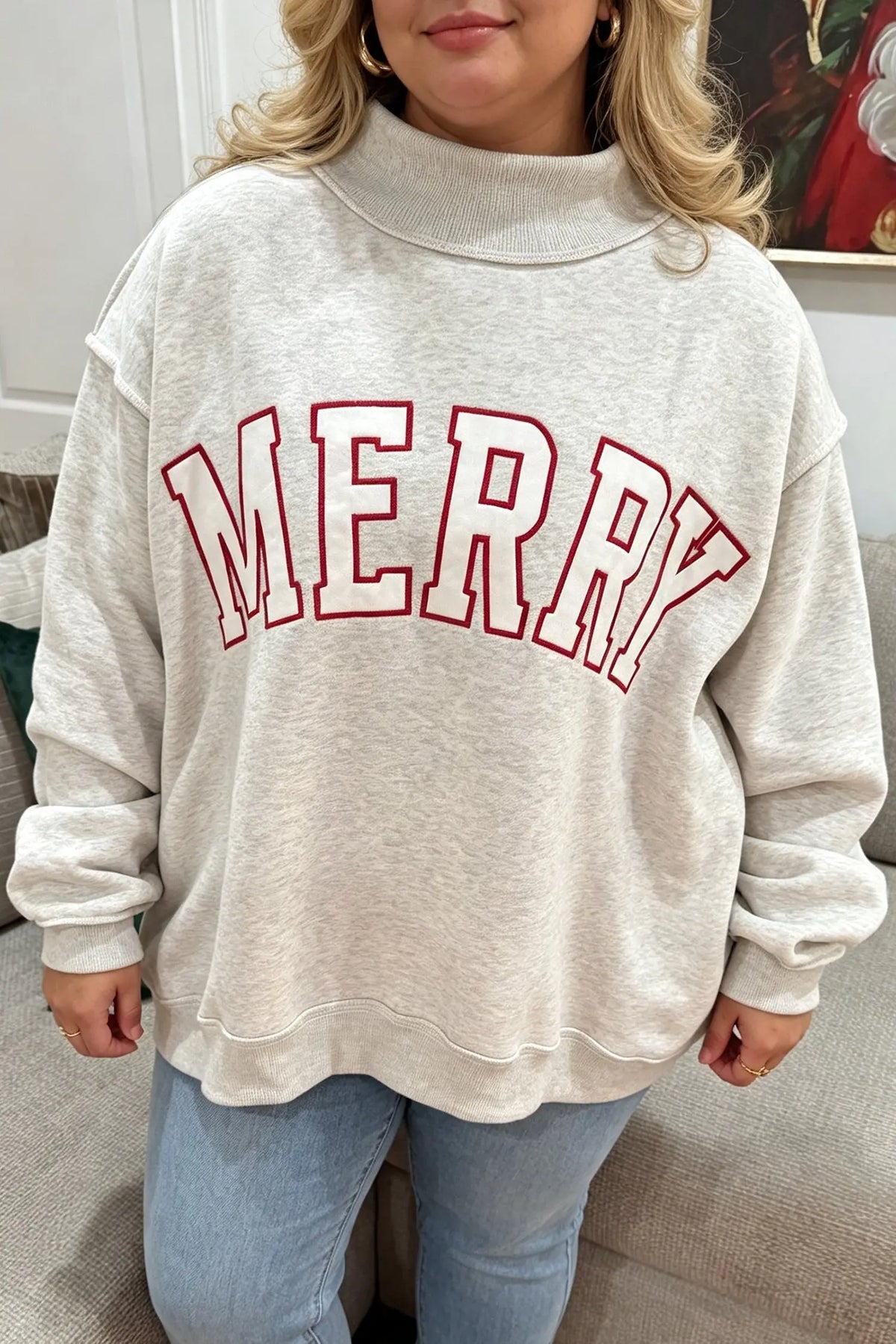 Gray Embroidered Merry Letter Print Mock Neck Plus Size Sweatshirt