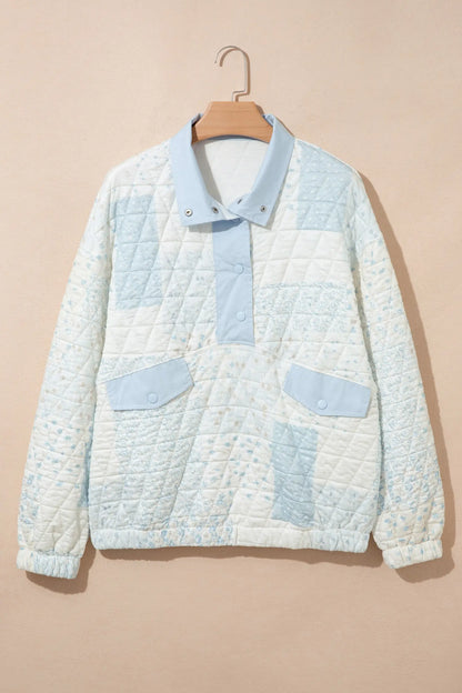 Pink Floral Quilted Half Button Pocketed Pullover Sweatshirt