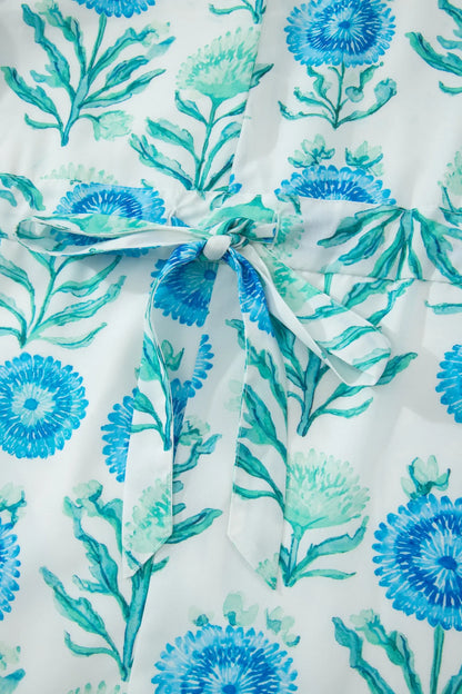 Sky Blue Floral Print Half Button Frilly Short Sleeve Dress