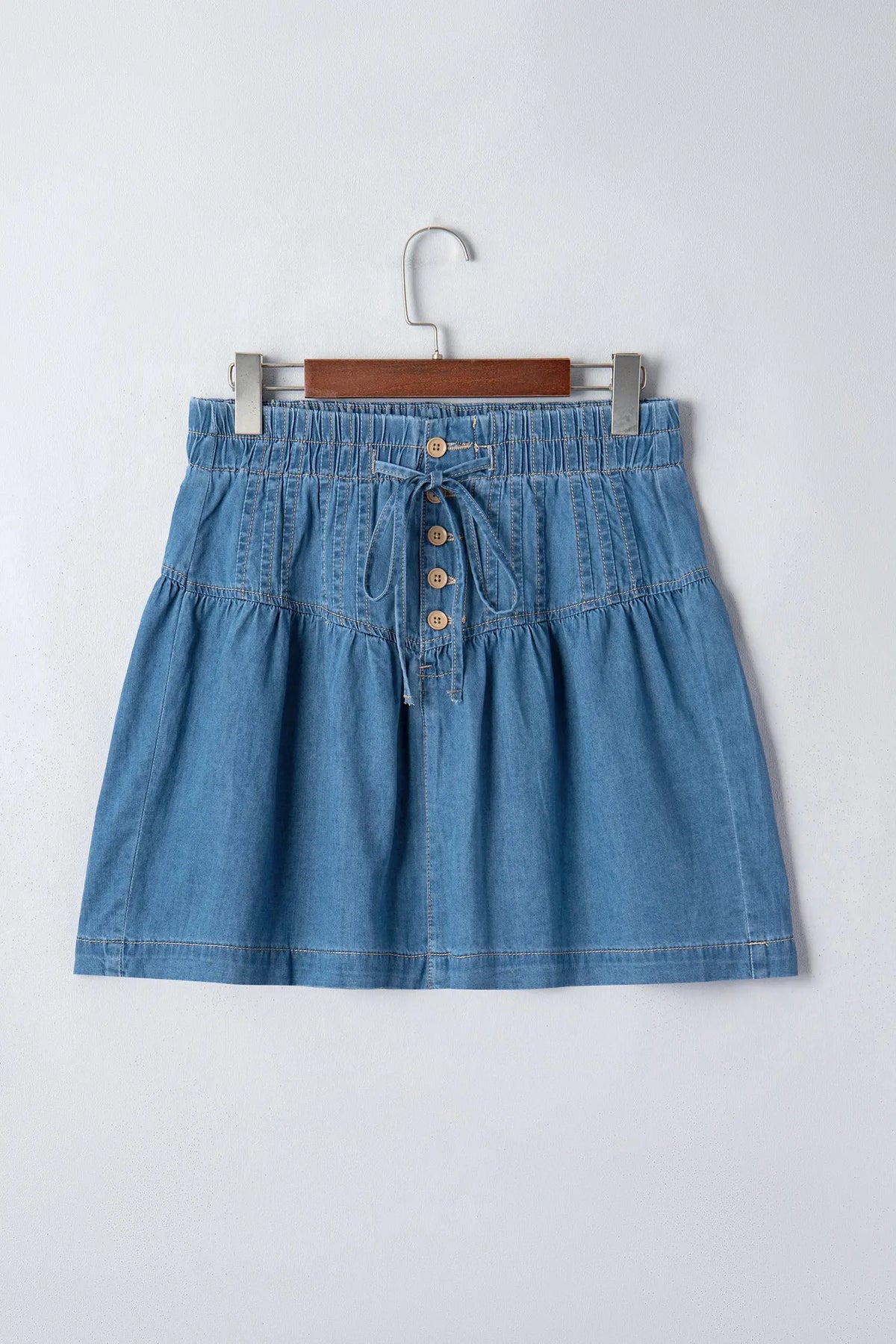 Sky Blue Half Buttons Pleated High Waist Denim Mini Skirt with Drawstring