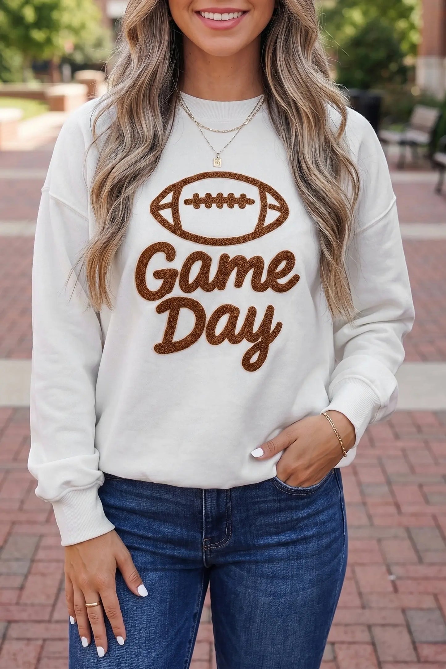 White Embroidered Slogan Game Day Rugby Pattern Crewneck Sweatshirt