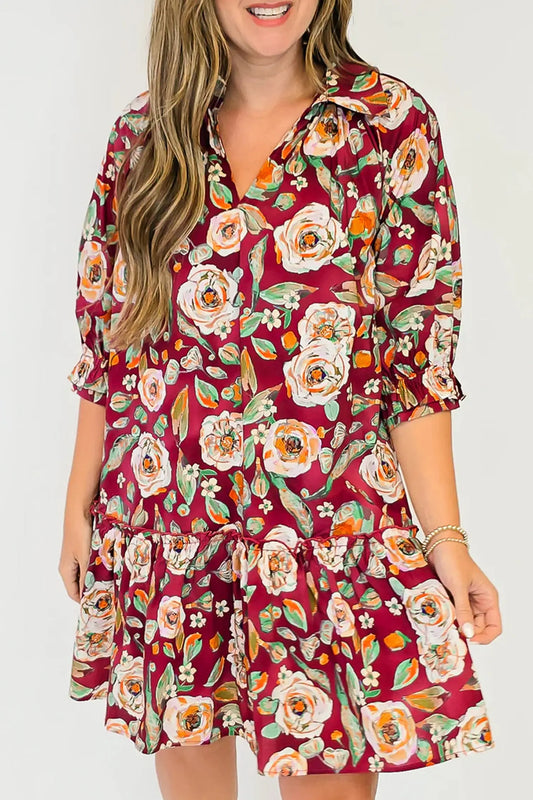 Red floral print half sleeve short shift dress model front view · nz-alt-v1