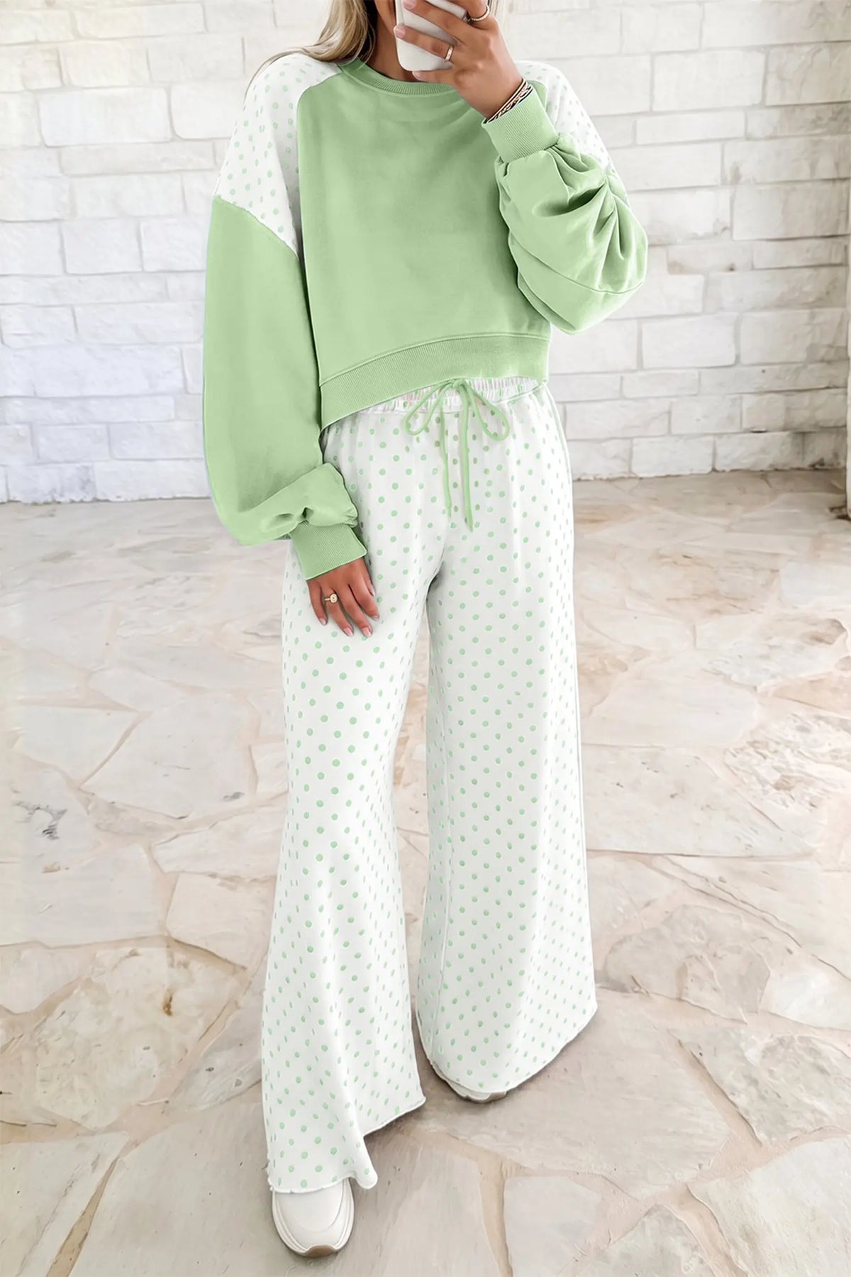 Pink Polka Dot Patchwork Colorblock Long Sleeve Casual Two Piece Pants Set