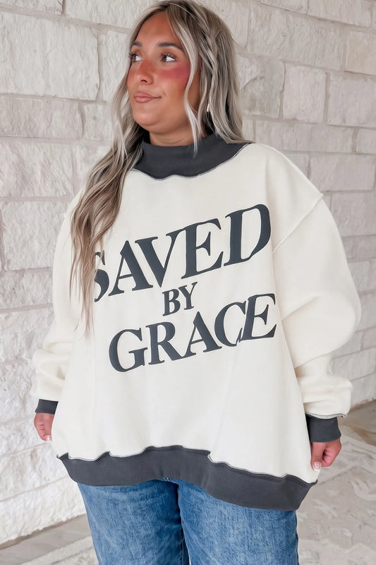 Beige SAVED BY GRACE Letter Print Color Block Mock Neck Plus Size Sweatshirt model front view · nz-alt-v1