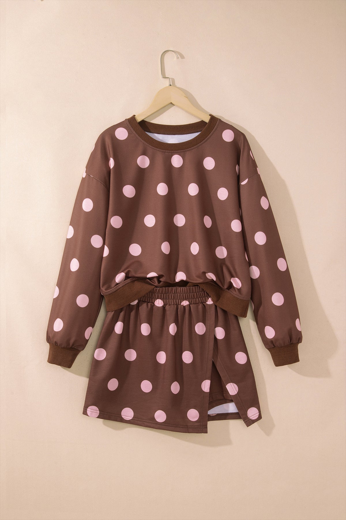 Polka Dot Long Sleeve Top Split Skort Casual 2pcs Set