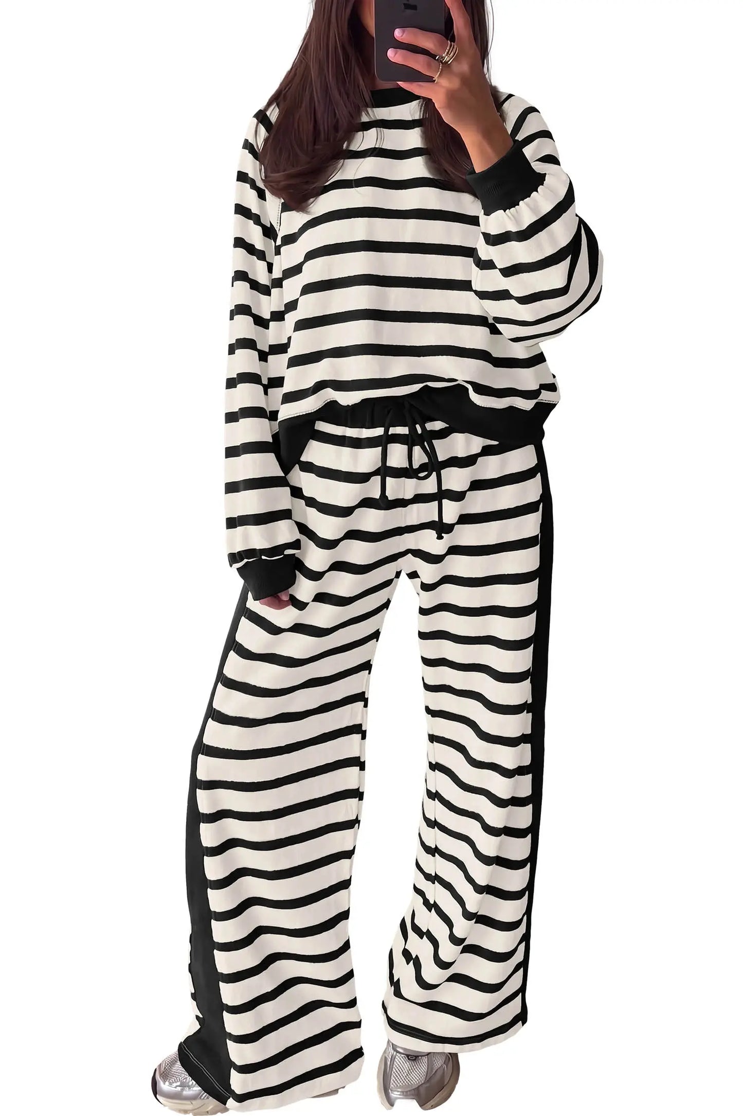 Beige Stripe Relaxed Long Sleeve Top Color Block Detail Drawstring Pant Set