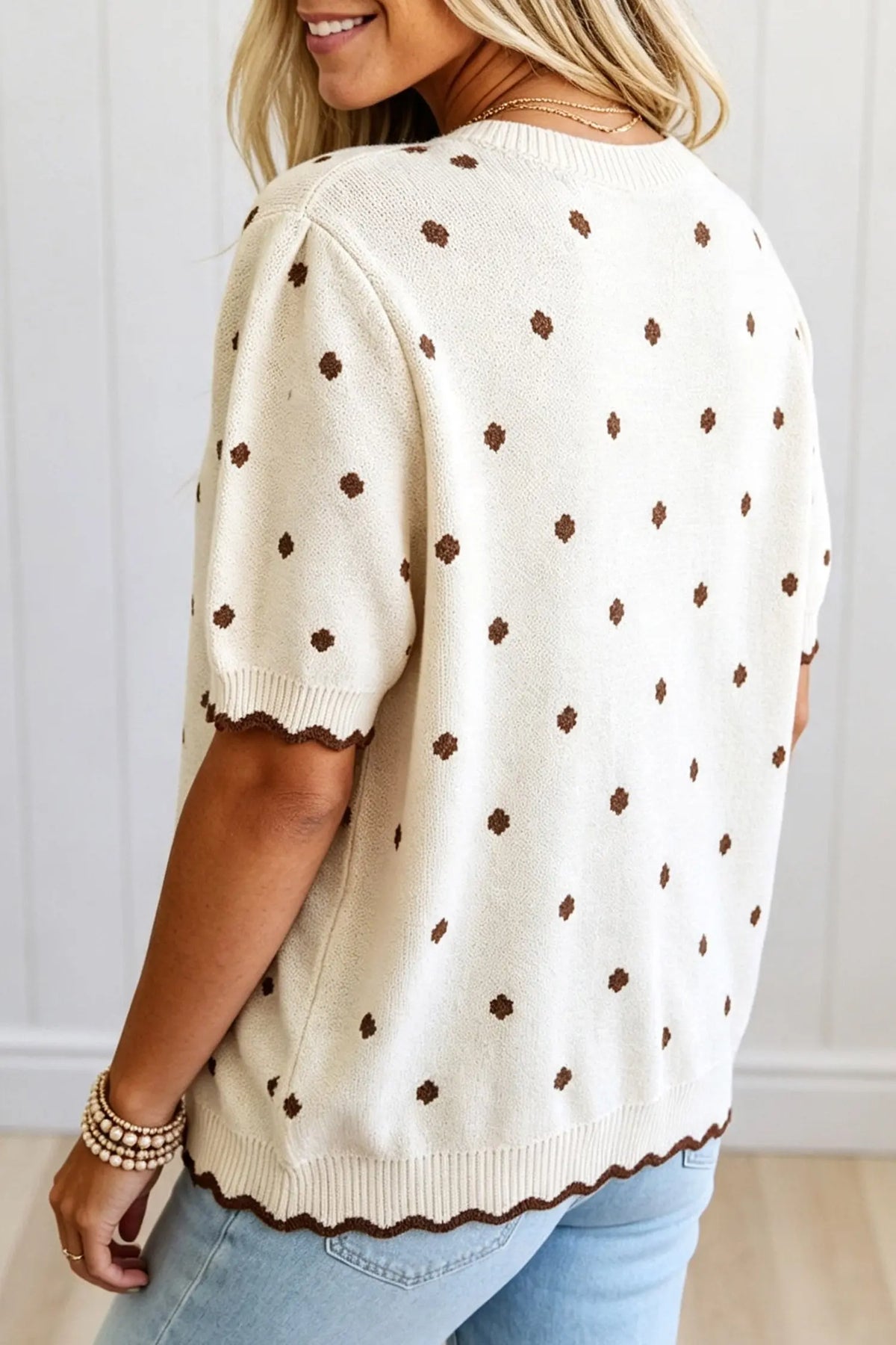 Beige polka dot short sleeve sweater model back view · nz-alt-v1