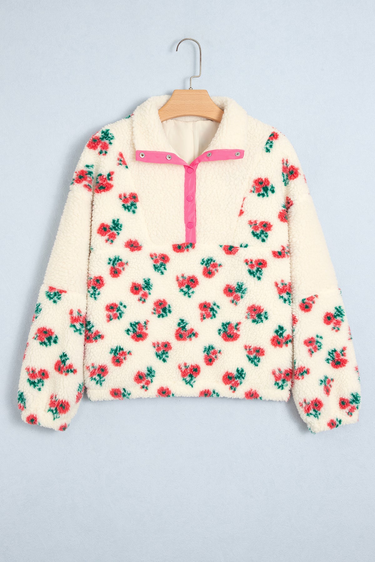 White Floral Print Fleece Contrast Trim Button Collar Sweatshirt