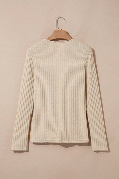 Apricot Solid Color Ribbed Knit Cowl Neck Long Sleeve Top