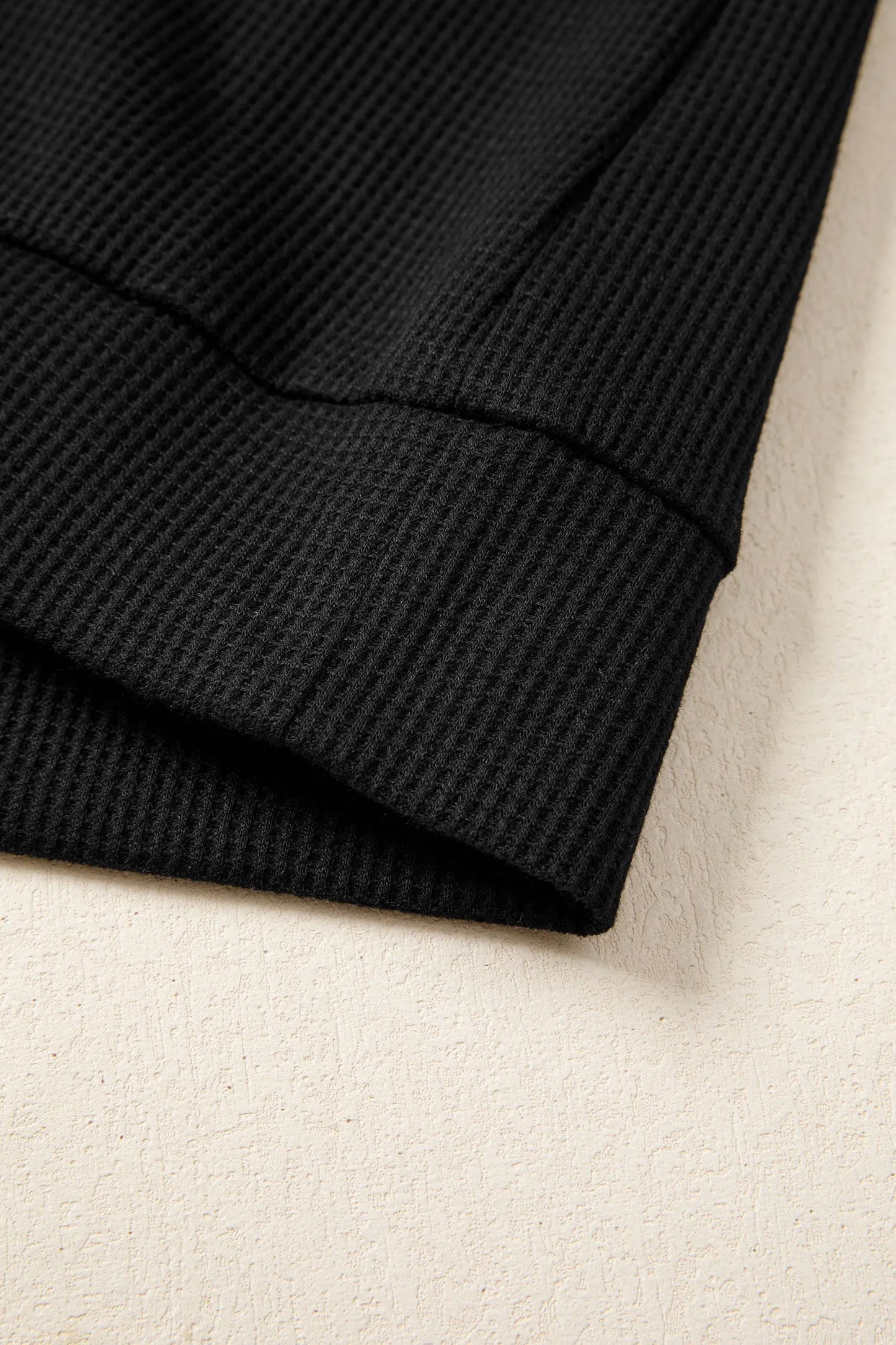 Black Waffle Knit Denim Color Block Patchwork Button Flap Polo Top - Tops