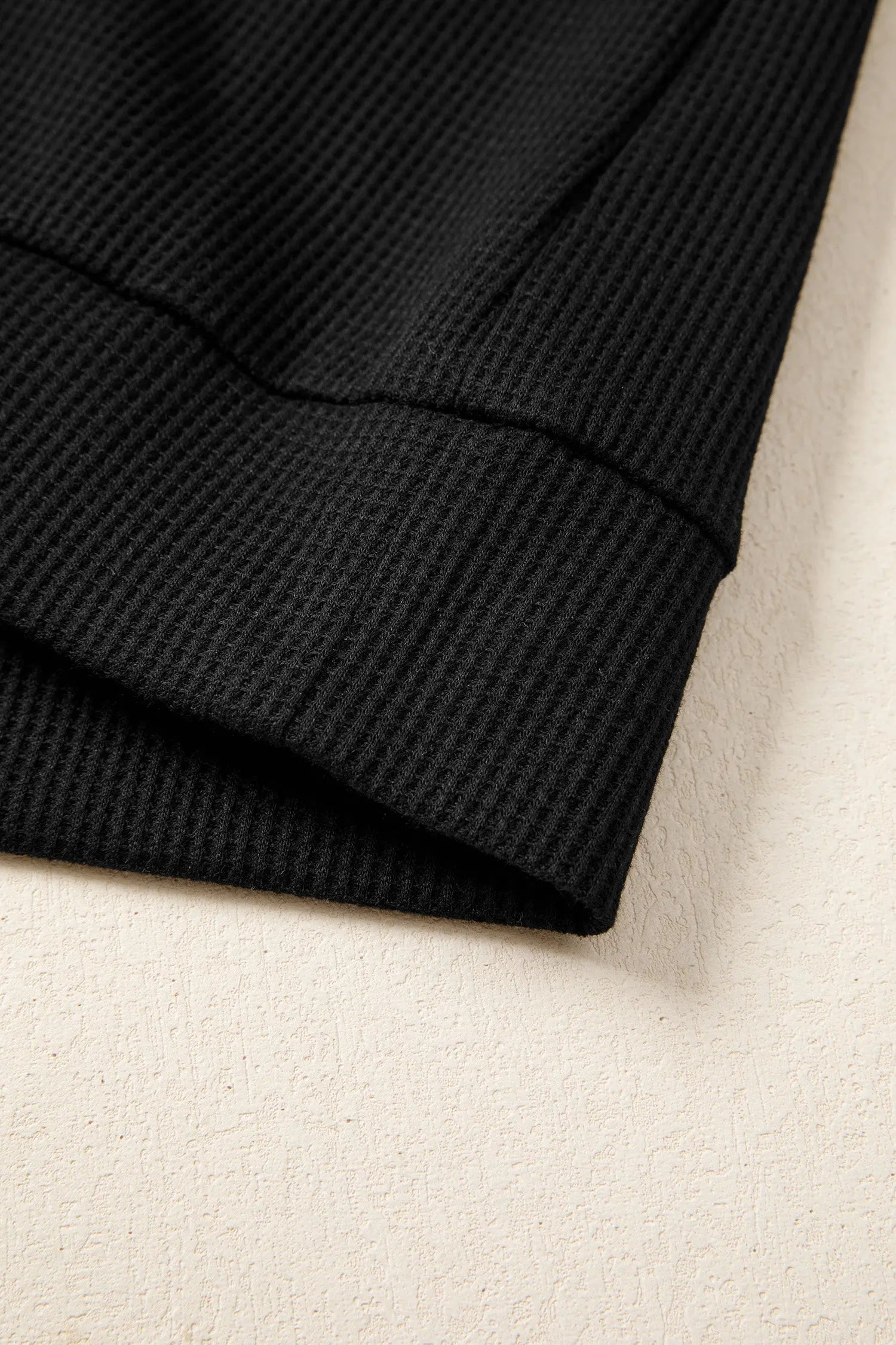 Black Waffle Knit Denim Color Block Patchwork Button Flap Polo Top - Tops